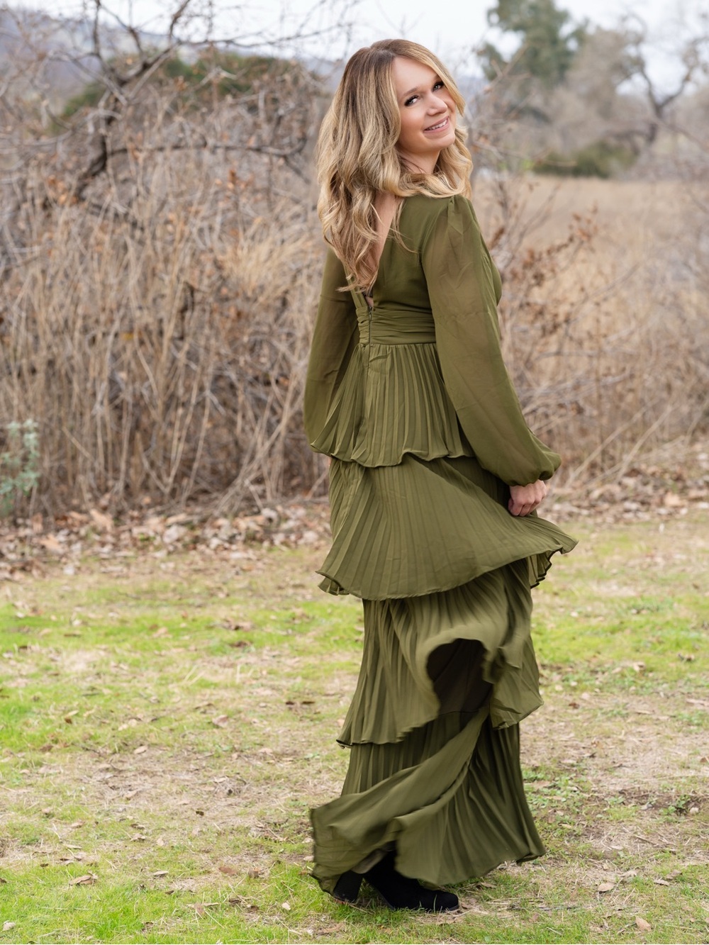 Lulus Graceful Finesse Olive Green Pleated Long Sleeve Maxi Dress - Size M - Picture 1 of 6